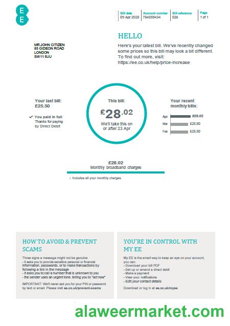 United Kingdom EE utility bill template in Word and PDF formats